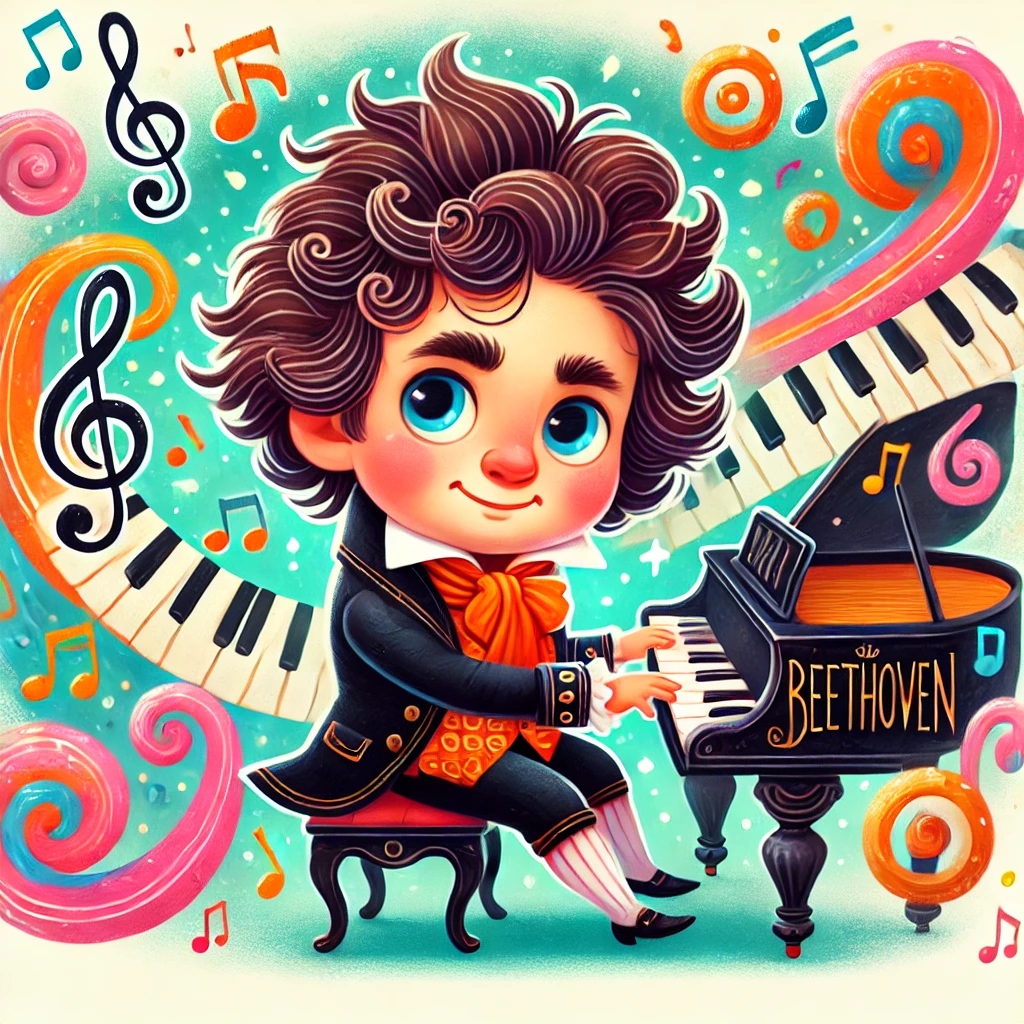 Beethoven: Ilustración didáctica infantil de Beethoven tocando el piano, ideal para recursos de educación musical en primaria.