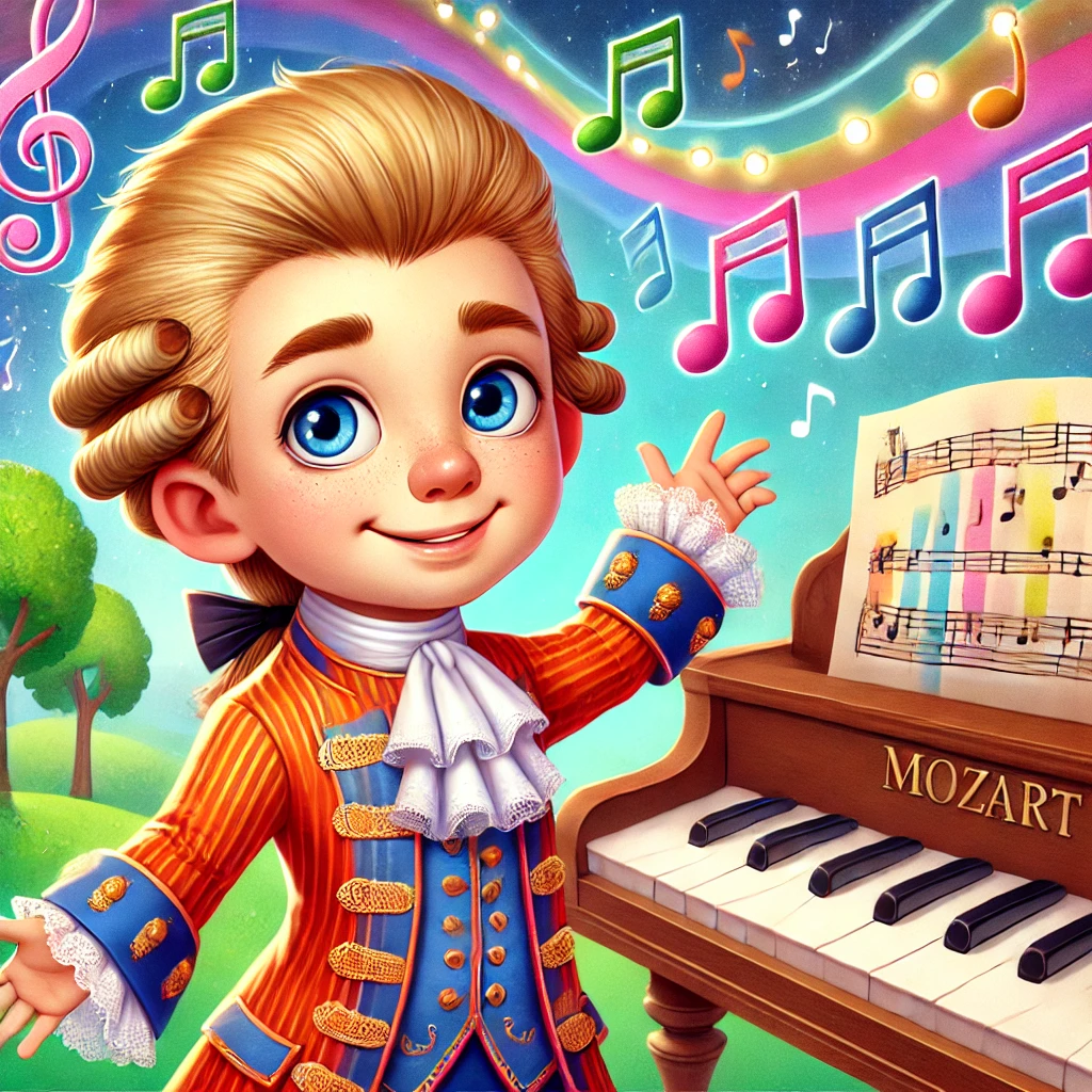 Mozart: Ilustración educativa infantil de Mozart tocando el piano, diseñada para enseñar la historia de la música a niños.