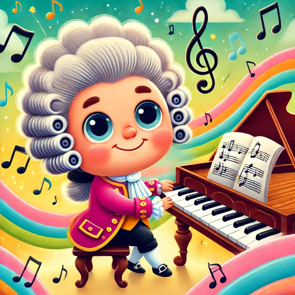 Ilustración educativa de Johann Sebastian Bach dirigiendo una orquesta, creada para actividades musicales infantiles.